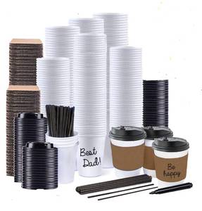 lot 197 image: Brand New 12oz White Disposable Coffee Cups with Leak-Proof Lids, Sleeves, and Stirrers - 130 Pack $55 Retail N