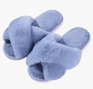 lot 241 image: Brand New Evshine Womens Fuzzy Slippers Womens Size 9.5-10.5 Cross Band Memory Foam House Slippers Open Toe Blue N