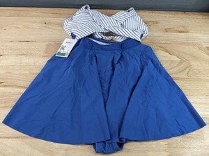 lot 239 image: Brand New B2prity Womens Size X-Small Cutout One Piece Skirt Swimsuit V Neck Wrap Tie Back Swimdress Tummy Control Bathing Suit Stripe Blue N