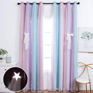 lot 271 image: Brand New Unistar 2 Panels Blackout Curtains for Kids Girls Bedroom Aesthetic Living Room Dcor Colorful Double Layer Star Cut Out Stripe Pink Rainbow Window Wall Home Decoration 52 W x 63 L N