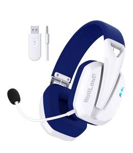 lot 126E image: Brand New WolfLawS Wireless Gaming Headset for PS5, PS4, PC, Mac, Switch, Bluetooth Over-Ear Headphones with Detachable and Built-in Mics, Blue and White N