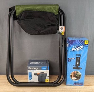 lot 270 image: Brand New Path & Stream Folding Camp Stool, Bestway Sidewinder AC Air Pump and H2O Go One Hand Air Pump N
