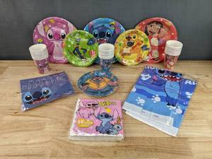 lot 253 image: Brand New Lilo and Stitch Birthday Kits includes Banner, Tablecloths, Plates, and Cups N