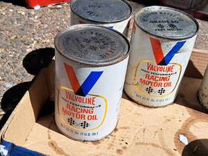 lot 80 image: Lot of (3) Valvoline Racing Motor Oil Quart Metal Cans (full)