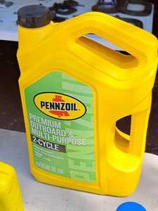 lot 85 image: Lot of (1) Pennzoil Premium Outboard  & Multi-Purpose 2-Cycle Oil 1-Gallon Plastic Bottle