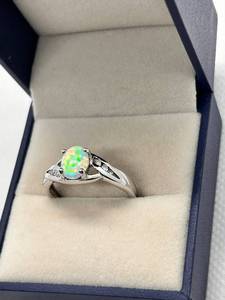 Sterling Silver Opal and Diamond Accent Ring