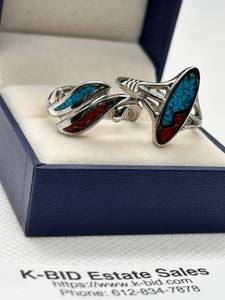 Silver Ring with Turquoise and Coral Inlay