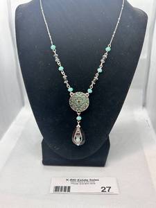 lot 27 image: Elegant Silver Necklace with Green and Blue Gemstone Accents
