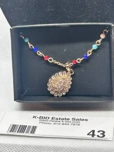 lot 43 image: Elegant Gold Tone Pendant Necklace with Multi-Color Beads