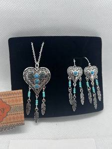 lot 63 image: Southwest Inspired Heart Necklace and Earring Set with Turquoise Accents