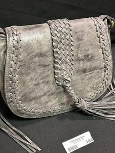 lot 104 image: Gray Leather Handbag with Braided Detail and Fringe
