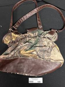 lot 108 image: Camo and Brown Leather Handbag with Rhinestone Accents