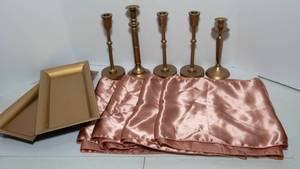 lot 38 image: Event Decor Bundle  Rose Gold Table Runners, Gold Candlesticks & Trays