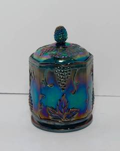 lot 11 image: Vintage Iridescent Blue Carnival Glass Lidded Jar  Harvest Grape Pattern