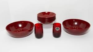 lot 13 image: Two Red Glass Royal Ruby Anchorglass Juice Cups and Red Milk Glass Bowls