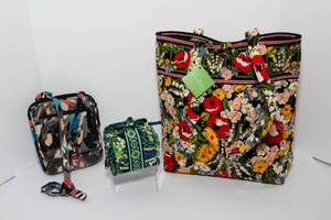 lot 14 image: Vera Bradley Bag Trio  Poppy Fields Tote, Splash Floral Crossbody, Rhythm & Blue Travel Case