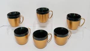 lot 15 image: Vintage MCM West Bend Thermos Serv Gold and Black Plastic Mugs with Metal Handles - Set of Six