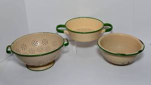 Three Vintage Cream and Green Enamelware Strainers