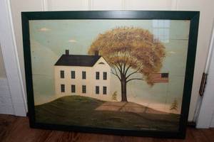lot 66 image: Warren Kimble House with Flag Framed Wall Art  30.5 x 23