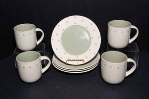 lot 76 image: Cream and Light Sage Green Coffee Mugs and Plates - Set of Four