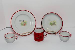 lot 85 image: Vintage Red Enamelware - Includes 5 Pieces