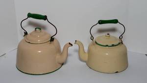 lot 104 image: Vintage Cream and Green Enamelware Tea Kettles