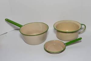 lot 110 image: Three Pieces of Vintage Cream and Green Enamelware