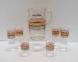 lot 116 image: Vintage Depression Glass Banded Ring Pitcher with Matching Juice Cups