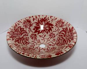 lot 130 image: Glass Sink Basin  Cream with Red Floral Design, 17.5 Diameter