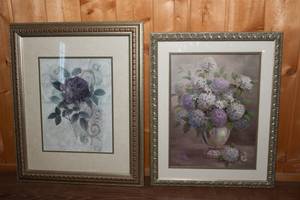 lot 133 image: Two Pieces of Floral Artwork - Purple