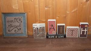 lot 140 image: Handcrafted Wooden Faith Sign & 12 x 12 Metal Wall Art