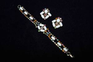 lot 153 image: Vintage Multicolored Rhinestone Bracelet & Matching Clip-On Earrings