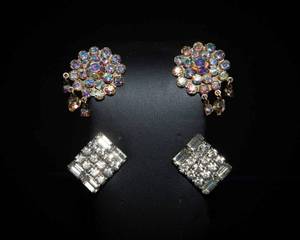 lot 143A image: Two Pairs of Rhinestone Clip-On Earrings  Clear & AB Rhinestones