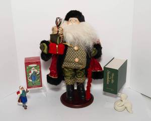 lot 169 image: Holiday Collectibles Lot  Santa Figurine, Hallmark Ornament, and Department 56 Snowbabies