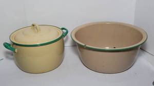 lot 171 image: Two Pieces of Vintage Cream and Green Enamelware