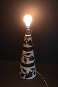 lot 194 image: Vintage Mid-Century Cream Lamp with Black and Gold Floral Design  Tested and Working