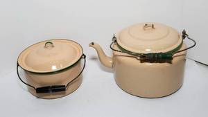 lot 246 image: Vintage Green and Cream Enamelware - Kettle and Pot with Lids