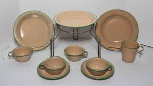 lot 255 image: Vintage Cream and Green Enamelware - Pie plates, Cups and Saucers, Metal Stand