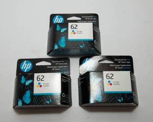 lot 166A image: HP Hewlett Packard Ink Cartridges 62 Tri Color - Three New in Box