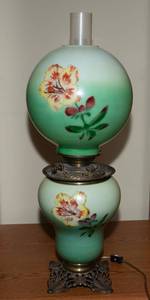 lot 52 image: Vintage Converted Oil Lamp  Hand-Painted Floral Design, 24 Tall