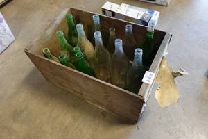 lot 343 image: Wooden Crate with Assorted Glass Bottles