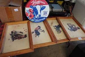 lot 340 image: 4 Vintage Framed Prints and Metal Sign