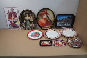 lot 173 image: Assorted Beverage Collectables - Tip Trays, Plates, Metal Sign
