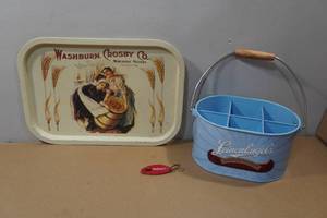 lot 204 image: Leinenkugels Metal Beer Caddy and Washburn Crosby Co Tray