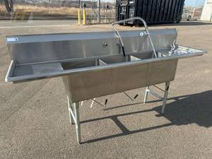 lot 17 image: Serv-Ware NSF 3-Compartment Sink, 90in x 25in