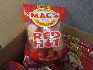 lot 110 image: 12- 2.5 oz Macs Red Hot Chicharron...