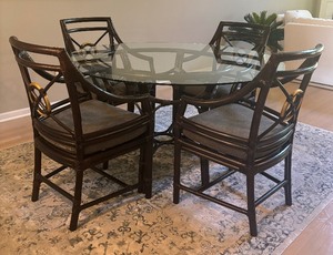 lot 3 image: Gorgeous Glass Top Dining Table with Four McGuire Target Arm Chairs