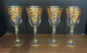 lot 57 image: Set of 4 Etched Glass Goblets with Gold Dragon Design, 8 Inch