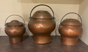 lot 100 image: Three Vintage Copper Vessels with Lids