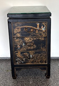 lot 24A image: Vintage Asian Style Black Lacquered Chest with Painted Scenes, 3 Drawers